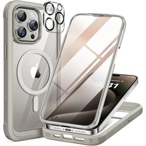 Miracase Magnetic for iPhone 15 Pro Max Case 6.7'' [Compatible with Magsafe] Full-Body Drop Proof Phone Case for iPhone 15 Pro Max with Built-in 9H Tempered Glass Screen Protector,Grey Titanium