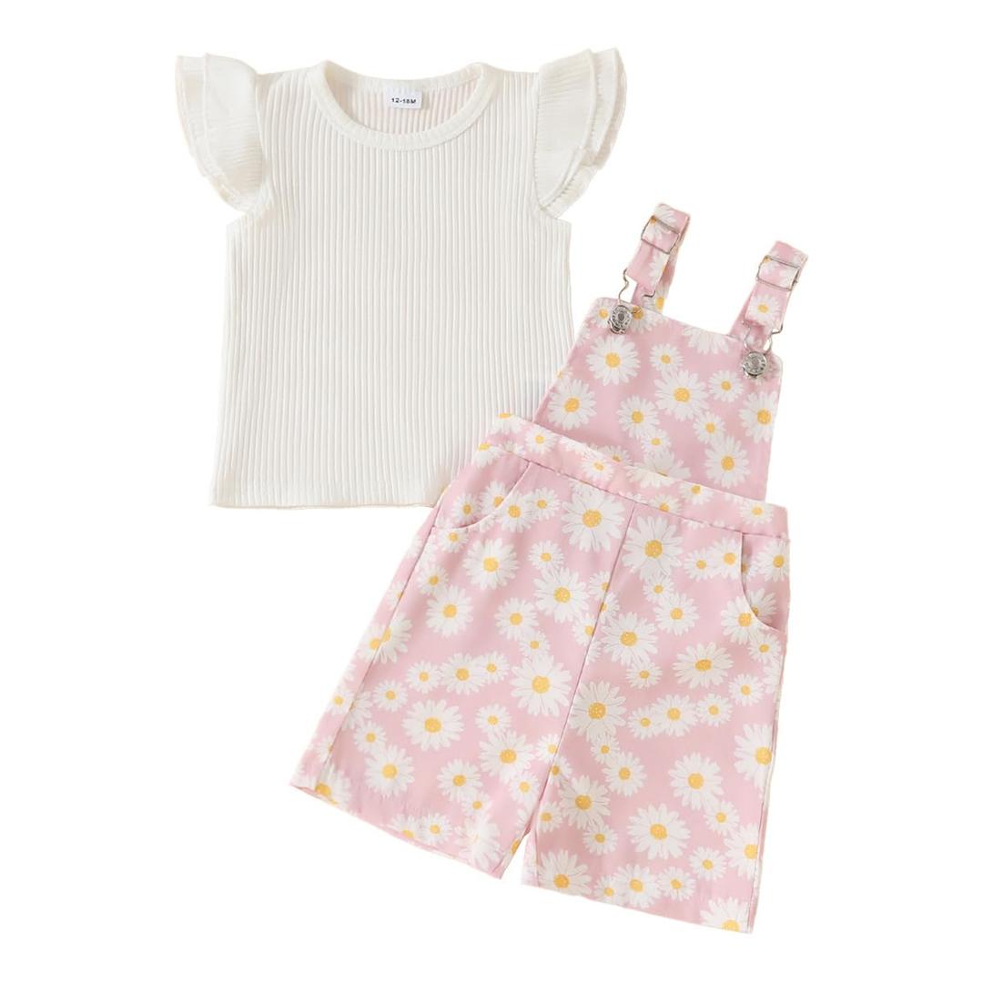 IQREENY Toddler Baby Girl Clothes Flying sleeve rib Round neck Top Daisy Print Suspender Shorts with Pocket Summer Baby Outifts Pink 2-3T (Pink, S)