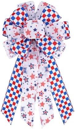 Patriotic Decor Bows for Wreaths, Fourth of July Bow Red, Blue and White Buffalo Plaid Stars Tree Topper Bow 4th of July, Independence Day, Indoor Front Door Outdoor Decorations