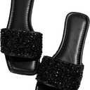 GORGLITTER Women's Sparkly Jeweled Flat Sandals Dressy Open Toe Glitter Shiny Slippers Slip-on Shoes (Black, 40)