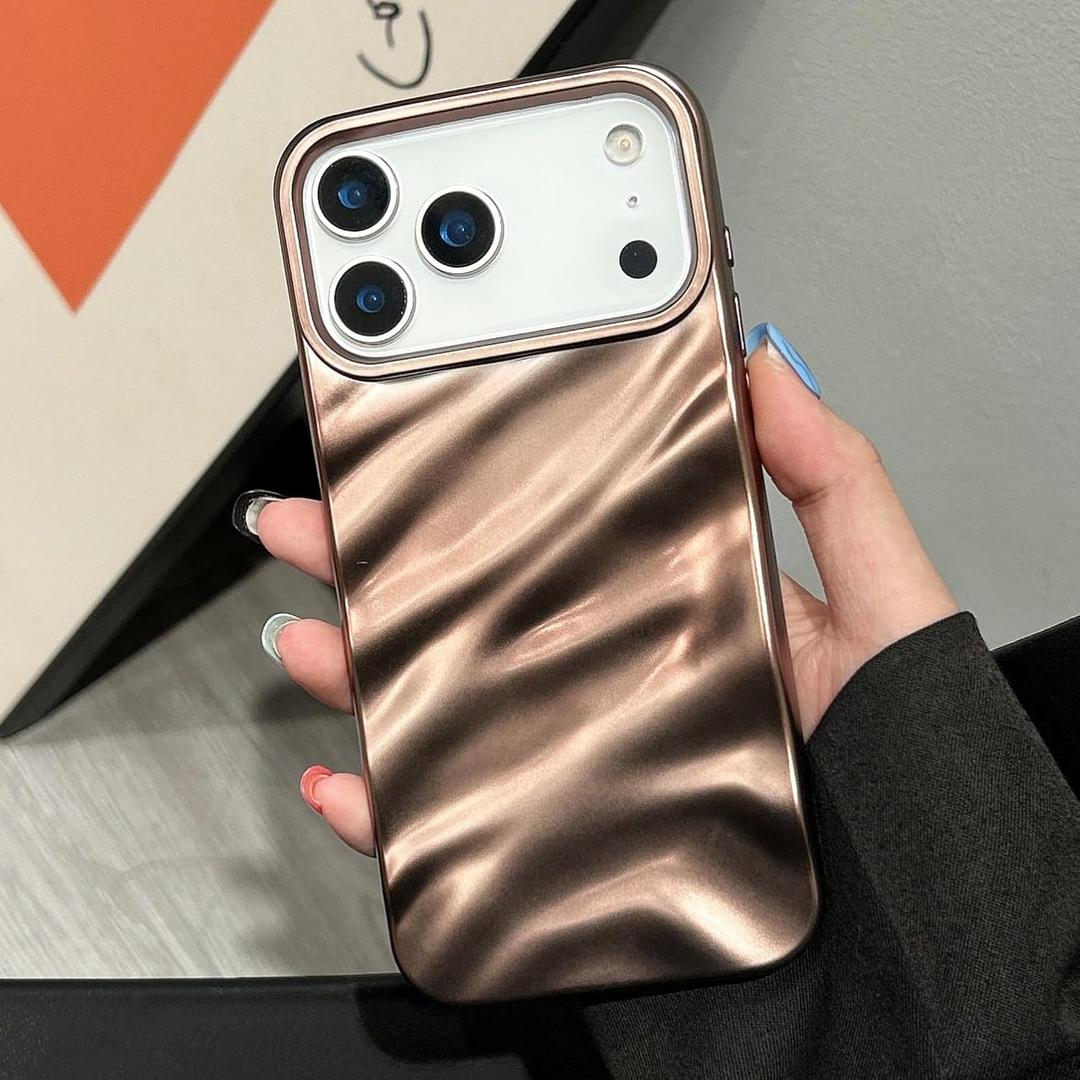 QLTYPRI Compatible with iPhone 17 Pro Max Case, Cute Wave Water Ripple Pattern Case for Girls Women, Slim Satin Glossy Soft Silicone TPU Bumper Shockproof Protective Phone Cover - Desert Gold