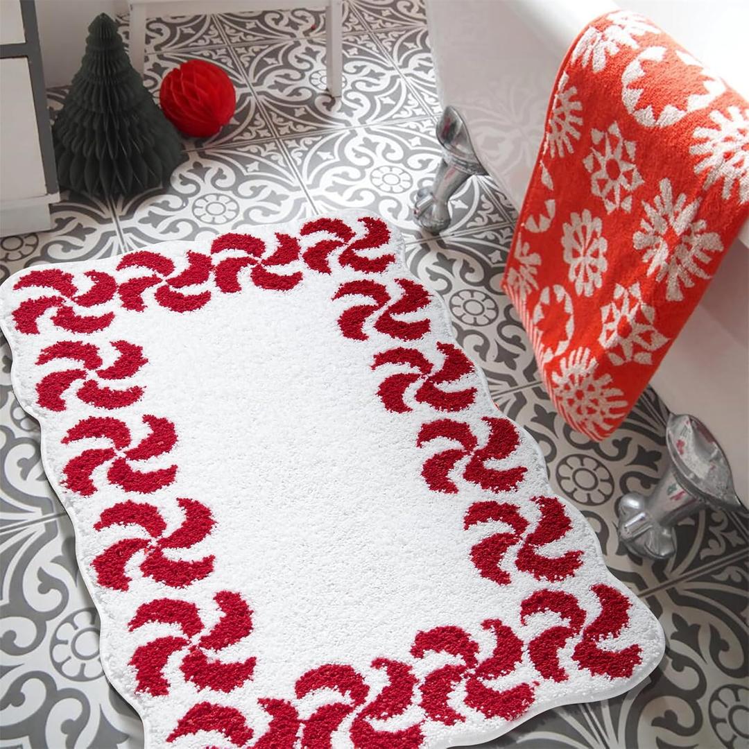 Estmy Cute Christmas Candy Throw Rugs Indoor Doormat Non Slip Washable, Holiday Xmas Festive Boho Sweet Colorful Red Scalloped Swirl Small Christmas Area Rugs for Entryway Kitchen Bedroom (16’’W x 24’’L)