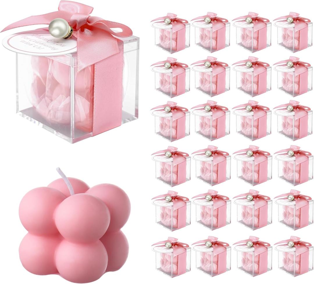ACITHGL 30 Sets Fully Assembled Small Bubble Candle Party Favors for Guests Bulk Bridal Showers Favors Candles with Stylish Ribbons Thank You Cards Gifts (Pink)