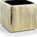 WGV Ceramic Cube Vase Width 5.5" Height 5" (Fits 5" Pot) Elegant Modern Block Square Floral Planter Terrarium Container Table Dresser for Event Accent Home Office Decor Gold Textured 1 Piece