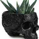 Black Skull Planter Pot 6 Inch Skeleton Head Pot for Succulents Flowers, & Bowl Dish Gothic Decor for Garden Home Parties Haunted House Spooky Black Display Halloween Skull Flower Pot Decoration Gift