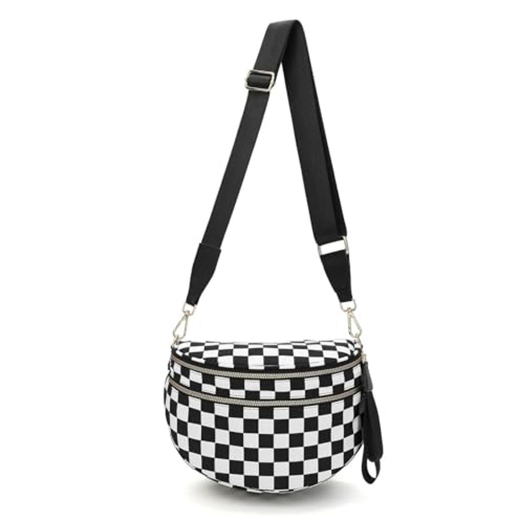 Crossbody Bags Bum Bag for Women Sling Bag Purse with Adjustable Strap (Black and White Checkered）