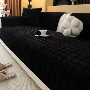 Velvet Couch Cover, Plush Sectional Sofa Cover Washable, Anti Slip Sofa Slipcover for 4 Cushions Sofas, Furniture Protector Covers for Pets & Kids(1PC, Black, 35.4"94.5", 4-Seater)