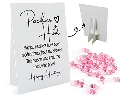 Baby Pacifier Hunt Baby Shower Games, Gender Reveal Game, 8×10 Sign and 50 Mini Acrylic Pacifier, Favorite Adults Kids Games for Baby Shower Activities, Gender Neutral Boy and Girl BPH02