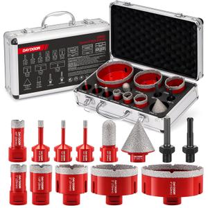 DAYDOOR Diamond Hole Saw Kit, 13-Piece Tile Hole Saw Kit 6/6/8/20/25/35/51/76/102mm, Vacuum Brazed Core Drill Bits for Porcelain Tile, Granite, Marble, Stone