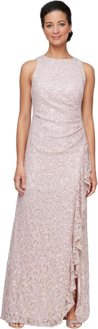 Alex Evenings Women's Long Sleeveless Mother of The Bride Dress w/ Cascade Ruffle & Front Slit Regular Sizes, Shell Pink, 14 Petite
