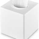 Y-in Hand Tissue Box Cover, Square Facial Tissue Holder Storage for Bathroom Vanity, Countertops, Dressers, Night Stand, Parlors and Offices - White