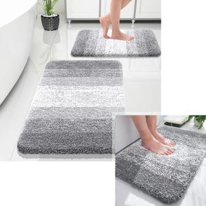 OLANLY Ombre Bath Rug and Bathroom Rugs Sets 1 Piece, Bath Rug Size 24x16 and Bathroom Rug Set Size 24x16+30x20 in Light Grey, 3 Item Bundle