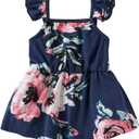 Mommy and Me Matching Dresses Floral Ruffled Backless Midi Beach Dress Self-Tied Belt Summer Mom Daughter Matching Outfits (9-12 Months, Navy Blue Floral)
