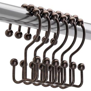 Titanker Shower Curtain Hooks Rings, Rust-Resistant Metal Double Glide Shower Hooks for Bathroom Shower Rods Curtains, Set of 12 Hooks - Bronze