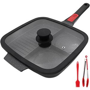 3 Section Grill Pan for Stove Tops with Detachable Handle, Nonstick Versatile Griddle Pan with Lid, Square Skillet PFOA Free, Black