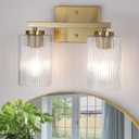 2 Light Brushed Gold Bathroom Vanity Light Over Mirror, Modern Vanity Lighting with Texture Glass Shade, Wall Mount Bathroom Light Fixtures, E26 Base