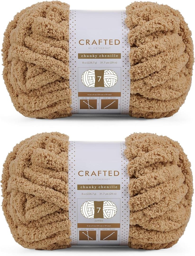Crafted By Catherine Chunky Chenille Yarn - 2 Pack (8 oz / 227 g, 31.7 Yards Each Skein), Khaki, Gauge 7 Jumbo