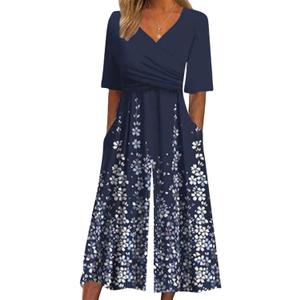 XNC Women's Casual Jumpsuits 2025 Summer Trendy Wrap V Neck Short Sleeve Wide Leg Pants Floral Print Rompers with Pockets (Blue, M)
