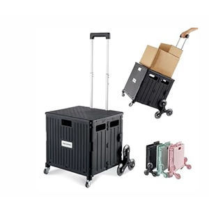 MACOPRO Foldable Utility Cart with Stair Climbing Wheels, Collapsible Rolling Crate with Telescoping Handle, Folding Shopping Trolley Handcart Grocery Book File Tool Teacher Storage Basket (Black)
