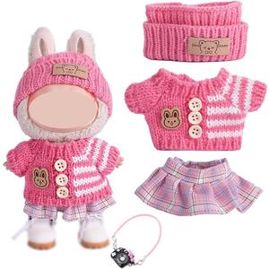 17cm Doll Clothes Set 3pcs, Hat & Overalls Set for 17cm Doll Accessories Suit, Sweater Skirt Cute Clothes Outfit for Dress up Unique Style (Pink3pcs+Shoes+Camera)