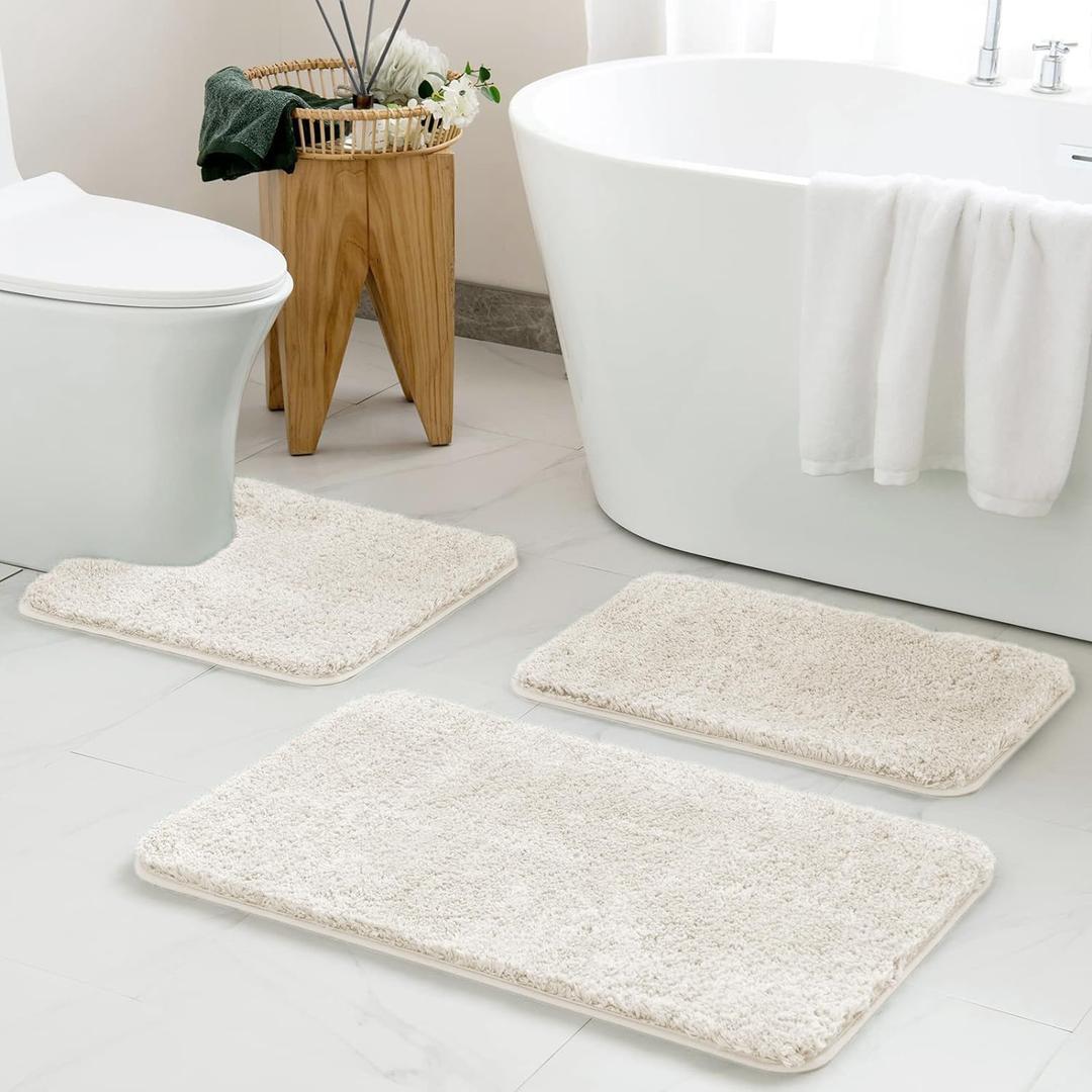MIULEE Bathroom Rugs Sets 3 Piece Including U Shaped Toilet Rug - Soft Absorbent Bath Mats Set with Non Slip Rubber Backside, Machine Washable - Ivory, 20"x30"+16"x24"+U 20"x20"