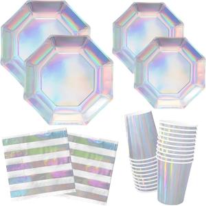 Gatherfun Iridescent Party Supplies - Disposable Paper Plates, Cups and Napkins, Ideal for Birthday, Mermaid Themed Events & Birthday or Wedding Party Decoration - Serves 16