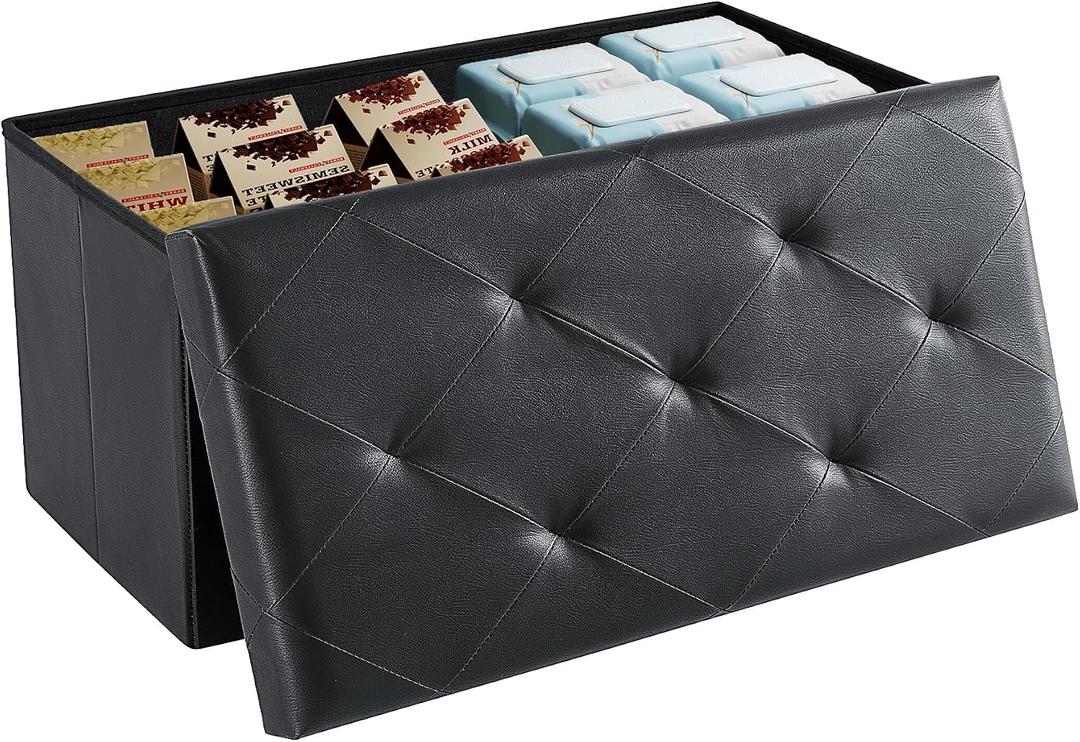 DUMOS 30 Inch Folding Storage Ottoman Bench, Hidden Ottoman with Storage | Storage Chest with Padded Seat, End of Bed Foot Rest Stool for Bedroom Living Room, Load 660 lbs, Synthetic Leather, Black, 15"D x 30"W x 15"H