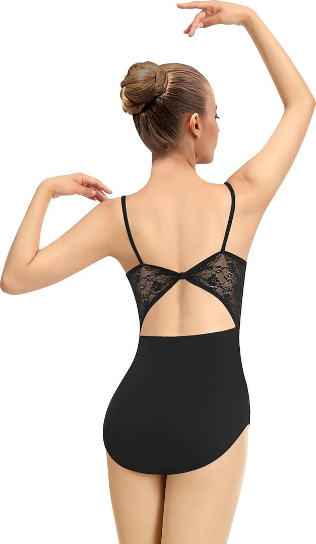 WYHDY Women Camisole Ballet Leotard for Dance Round Neck, Full Front Lining, Lace Bow Back, S