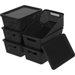 Plastic Storage Baskets With Lid, Storage Bins for Organizing, Stackable Decorative Containers for Shelves Drawers Desktop Closet Playroom Classroom Office, 6 Pack-Black