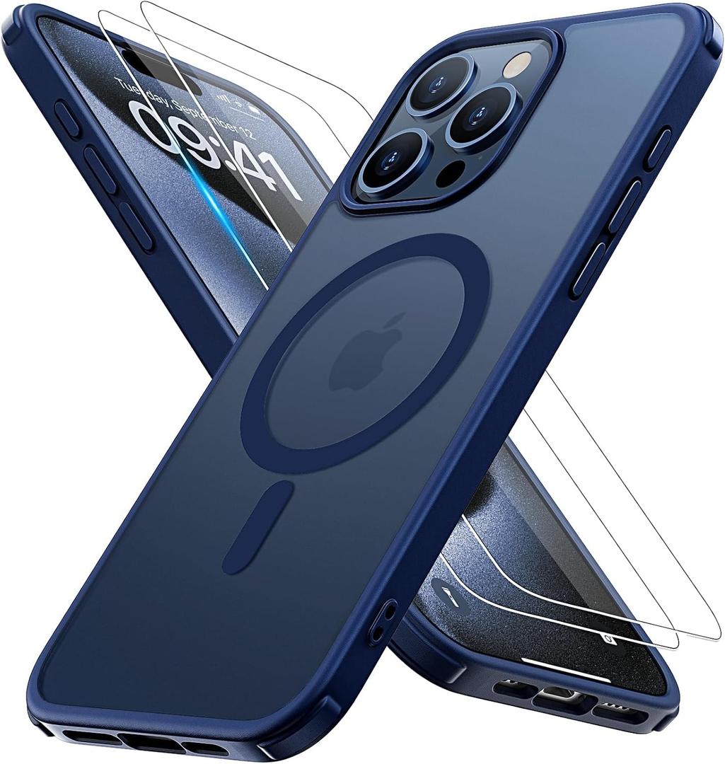 Magnetic for iPhone 15 Pro Max Case [Compatible with MagSafe] with 2X Screen Protector, Military-Grade Slim Shockproof Phone Cover Translucent Matte Anti-Fingerprint for iPhone 15 ProMax, Blue