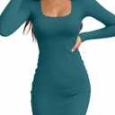 Valiamcep Womens Dress Square Neck Fall Long Sleeve Basic Ribbed Knit Casual Slimming Fit Bodycon Mini Pencil Dresses Teal, M