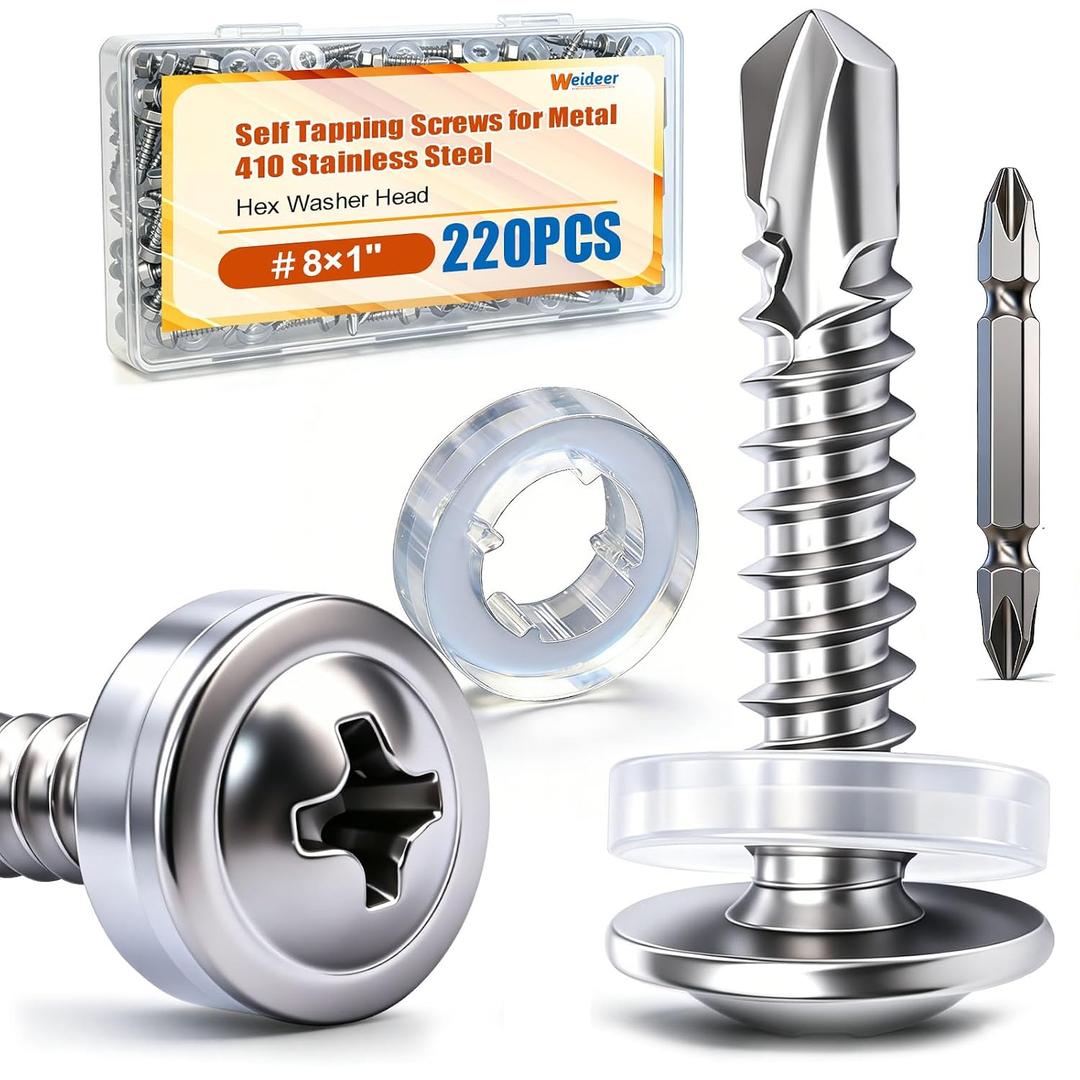 2 x weideer 220pcs #81" Self Tapping Screws for Metal, 410 Stainless Steel Metal Screw, Truss Head Sheet Metal Screws with Washer, Screwdriver Bit K-158-W-25mm