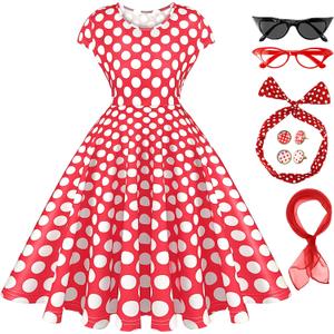 JenPen 7 Pcs Tea Party Dresses Vintage Polka Dot Cocktail Dress 1950s Accessories for Women Ladies Party Attire(XL)