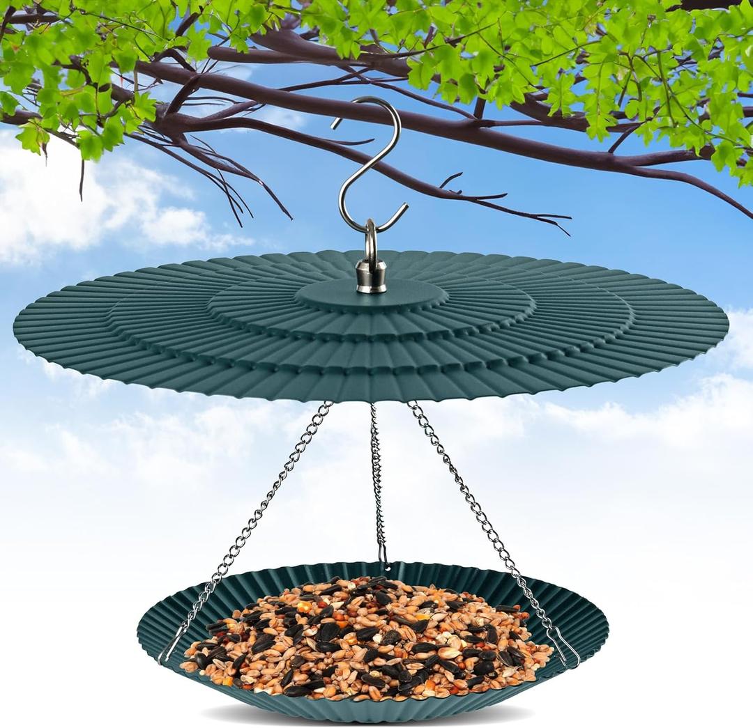7.7" Metal Bird Feeder Hanging Outdoor, Small Bird Feeder with Squirrel Baffle, Birdfeeder Cover Shield Umbrella Weather Guard, Green