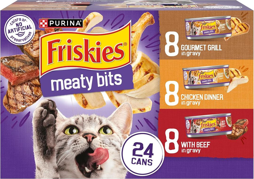 Purina Friskies Gravy Wet Cat Food Variety Pack, Meaty Bits - (Pack of 24) 5.5 oz. Cans (EXP 04/01/28)