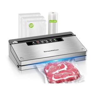 Bonsenkitchen Vacuum Sealer Machine, Stainless Steel Food Sealer Vacuum Sealers with 100 Bags & 1 Roll Bag, 5 Food Vacuum Modes, Built-in Cutter & Bag Storage, Silver-Black