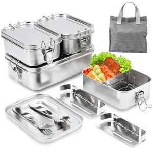 304 Stainless Steel Bento Box 4 Pack,1400/850/550ml Stainless Steel Lunch Box with Spoon, Fork, Lunch Bag, Leak Proof Stackable Food Containers with Lids for Adults Office Camping Picnic Travel