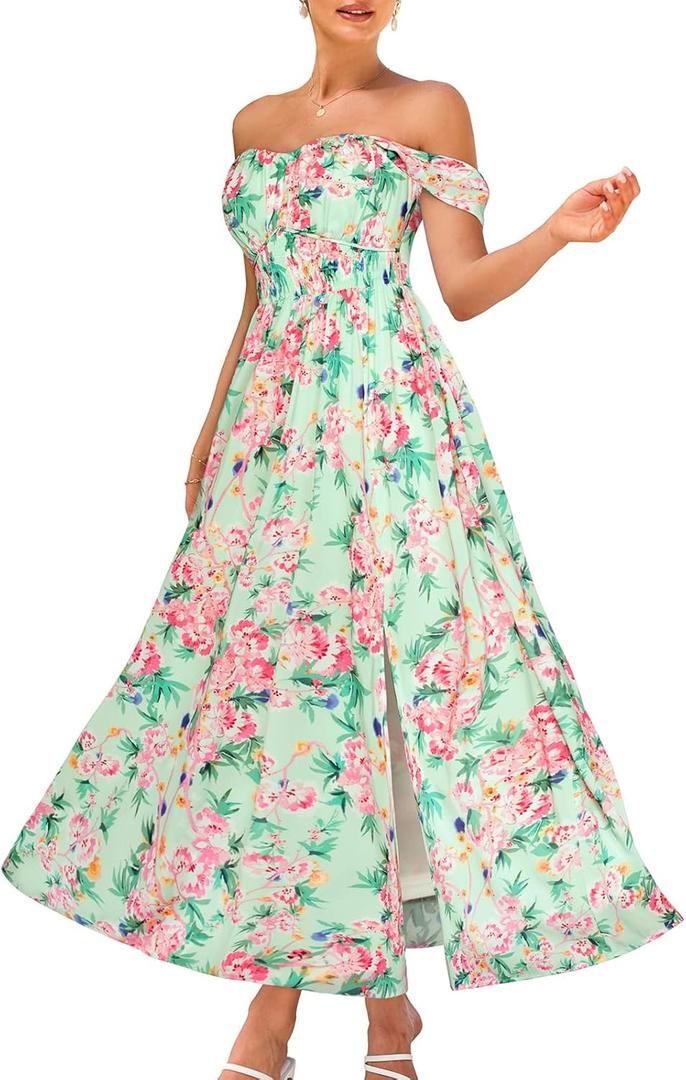 GRACE KARIN 2026 Women's Summer Floral Wedding Guest Dress,Beach Flowy A Line Maxi Off Shoulder Bridesmaid Dresses XL