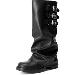 DREAM PAIRS Fold-over Knee High Boots Comfort Low Heel Slouchy Boot Stylish Buckle Long Tall Boots for Women (9.5, Black)
