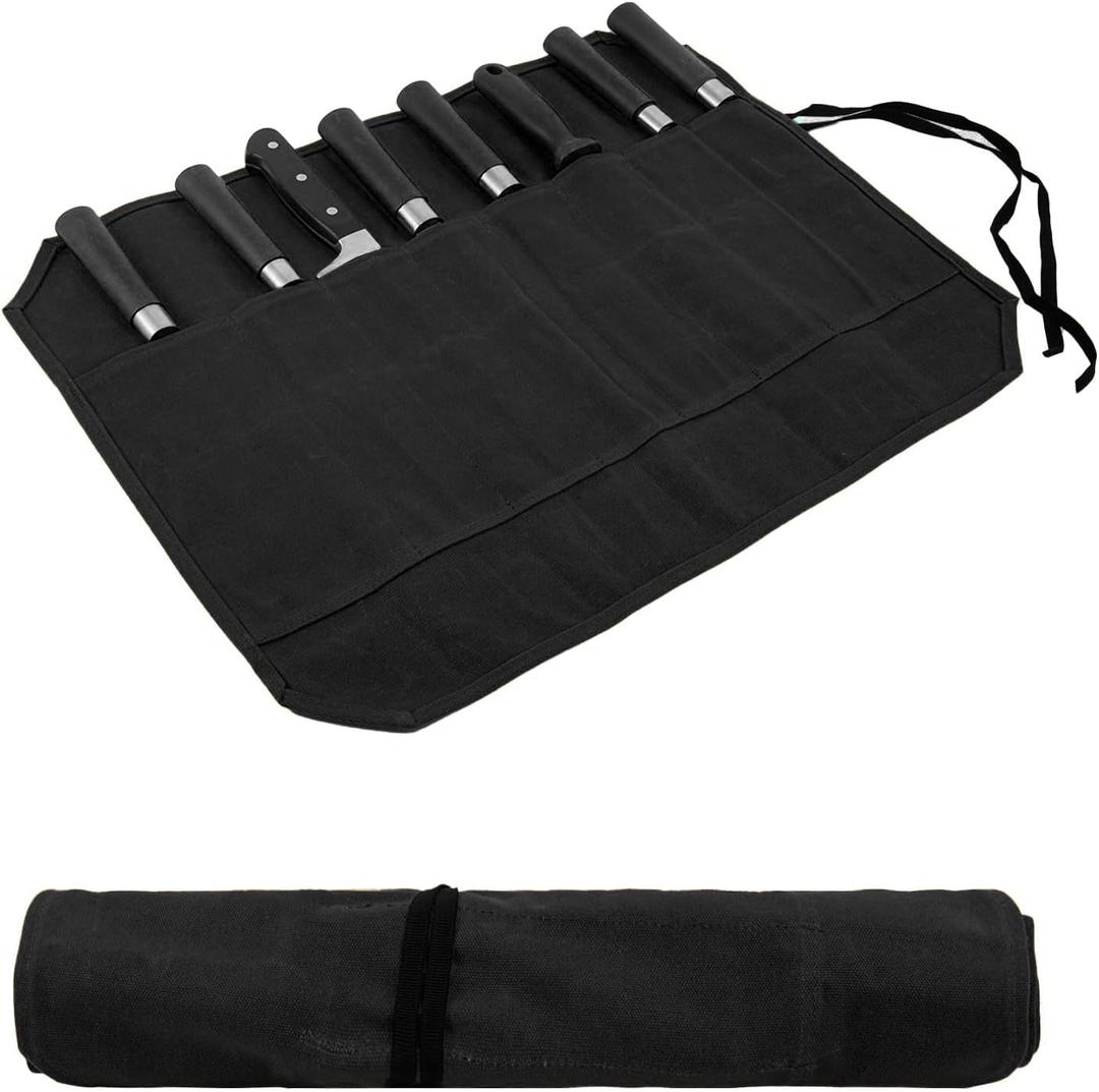 Knife Roll,Waxed Canvas Knife Bag,Heavy Duty Knife Case,Chef Knife Bag Roll with 8 Slots for Knives and Kitchen Tools,Knife Roll Bag For Chefs Culinary Traveling,Knives Pouch Holder Wrap (Black)