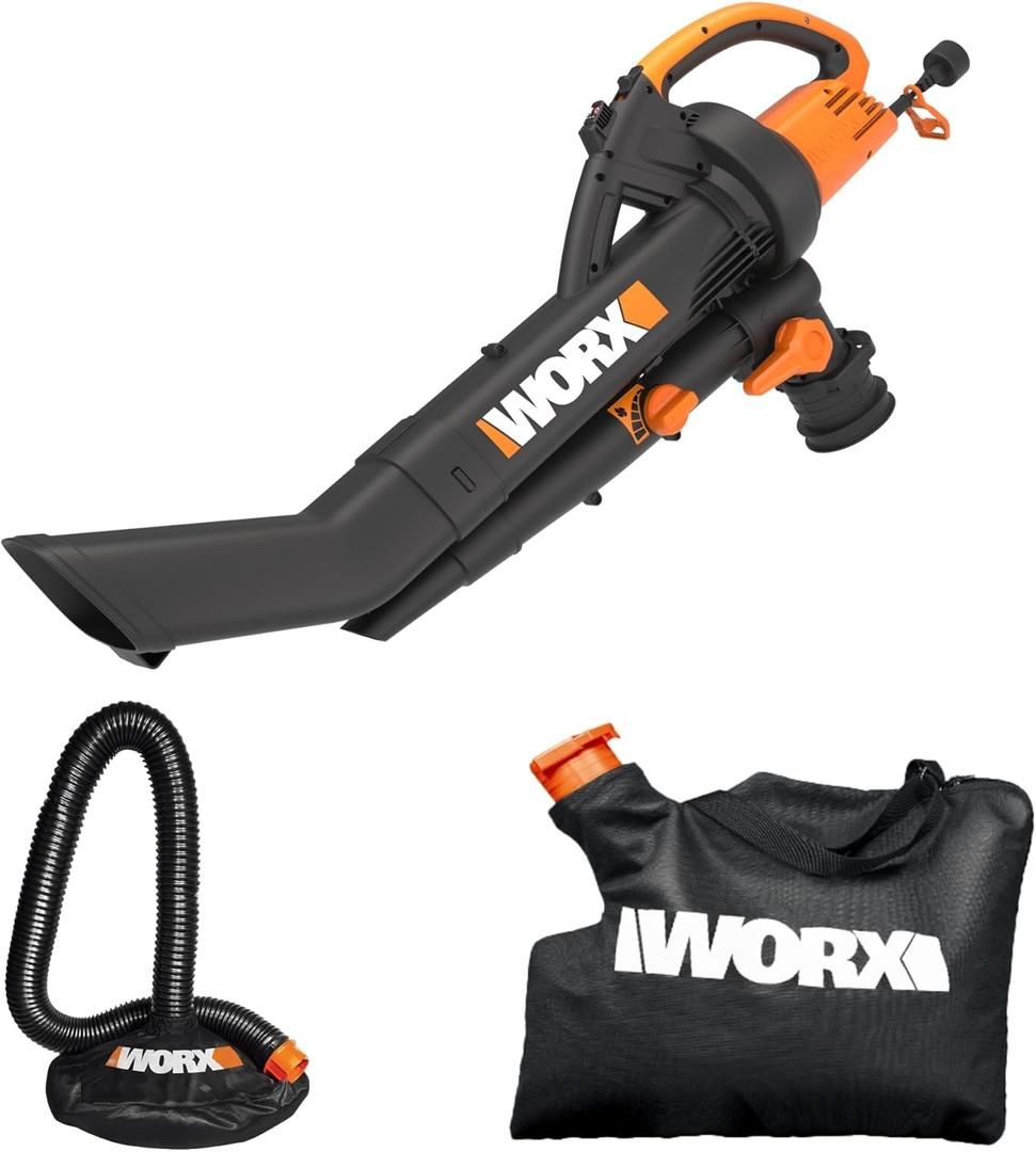 WORX Trivac 3 in 1 Electric Leaf Blower for Lawn Care, Leaf Vacuum with 350 CFM & 210 MPH, Leaf Mulcher with Metal Impeller, Reusable Bag Included, WG505.2