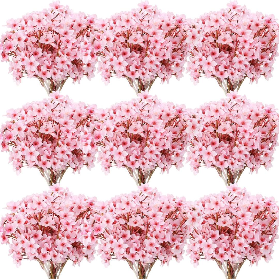 Tigeen 50 Pcs Artificial Cherry Blossom Flower Spring Decor Silk Cherry Blossom Branches 15.7 Inch Peach Fake Floral Branches Bundles Faux Flower Stems for Vase Home Wedding Table Centerpiece (Pink)