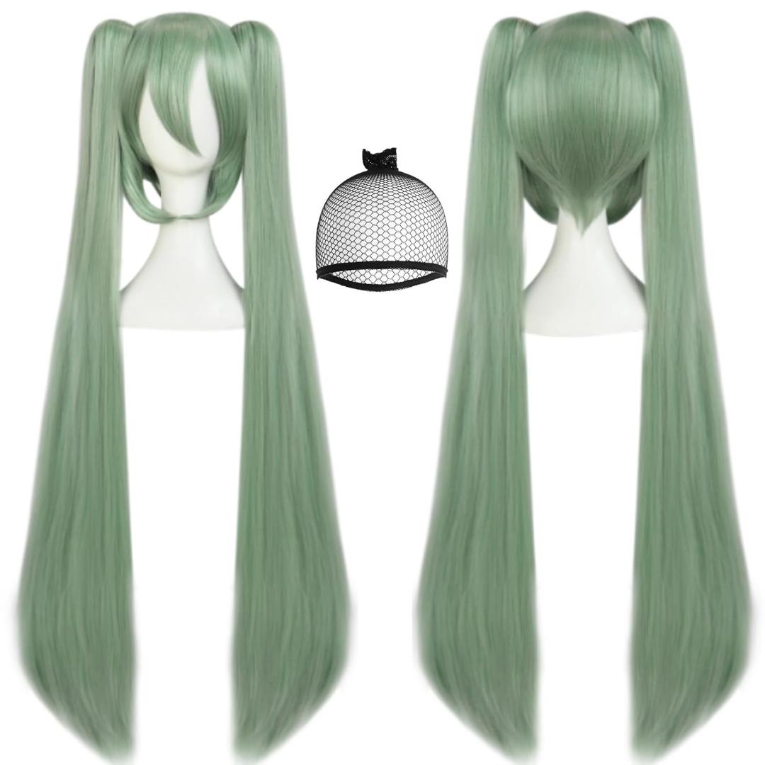 JoneTing Light Green Wig+ Hair Cap Long Green Cosplay Wig with Double Ponytails Wigs for Women Long Gray Green Ponytail Hair for Anime Halloween Party Cosplay Costume Outfits