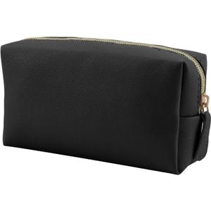 Leather Makeup Bag for Purse Travel, Portable Small Cosmetic Organizer for Women and Girls, Make up Bag with Zipper (Medium, Black)