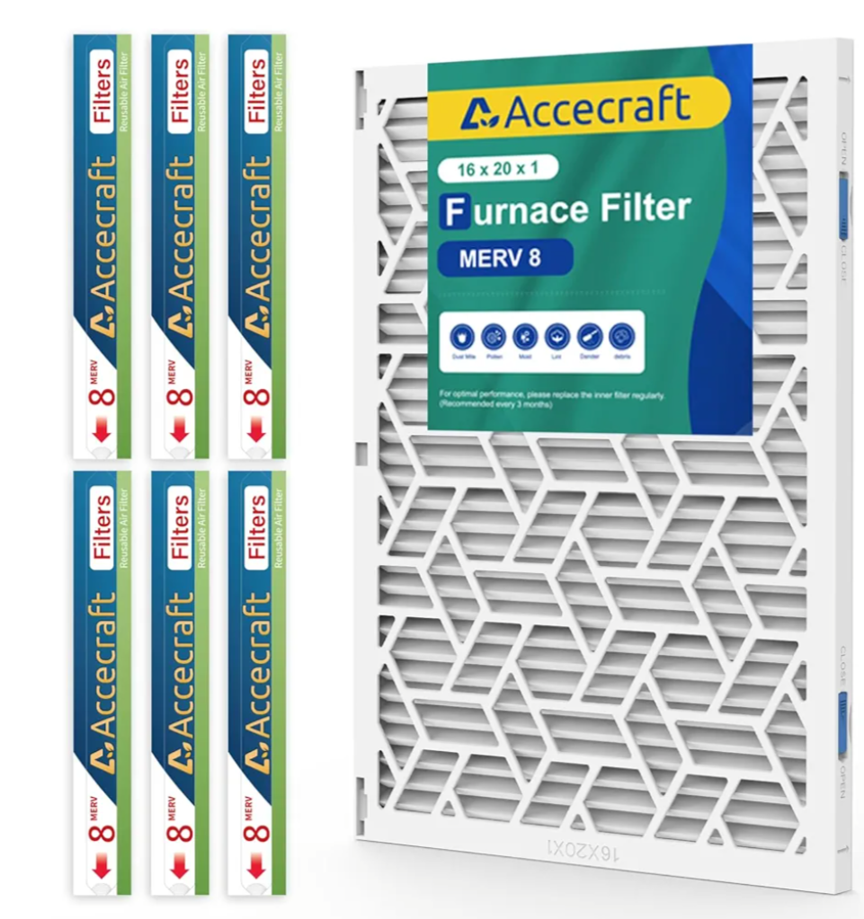 16x20x1 Air Filter MERV 8, Advanced Dust Defense,Cost-effective,1 Reusable ABS Frame + 6 Pack Replaceable, Quality Furnace Filter Media for AC & Furnace Applications（1 Frame+6 Filter）