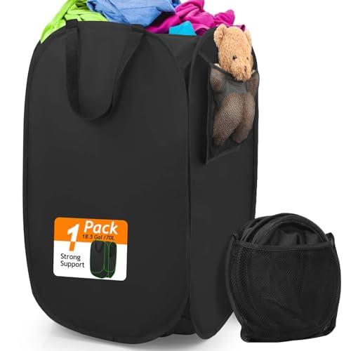 Upgraded Polyester Pop-up Laundry Hamper, 70L(18.5 Gal) Quality Laundry Basket with Durable Handles Solid Bottom High Carbon Steel Frame and Side Pocket, Easy to Open and Fold Flat for Storage