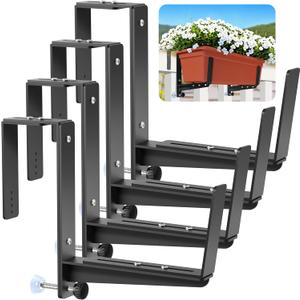 Window Box Brackets, Adjustable Planter Box Brackets, Heavy Duty Iron Flower Box Brackets for Railings, with Enhanced Bottom Support - Perfect for Balconies, Fences, and Gardens (4 Pack)