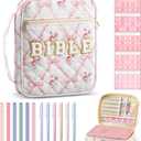Sinload Quilted Bible Cover Case for Women Large Carrying Bag with Organizer Tabs 6 Colored Pens 6 Highlighters Book Tote Bags with Handle Bible Carry Supplies Christian Gifts(Pink Bow Floral)
