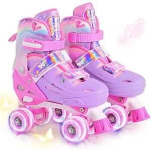 2PM SPORTS Roller Skates for Girls Boys Kids Age 4-6 5-8 6-12 8-12 with Light Up Wheels, Adjustable Youth Roller Skates, Size 32-36