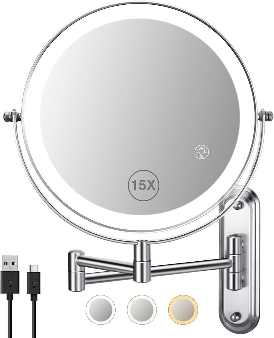 Wall Mounted Mirror with Lights - 15x Magnifing Extended Arm Mirror, 3 Color Lights & 360Swivel Vanity Mirror, 8.5in Bathroom Mirrors for Wall Mounted - Chrome